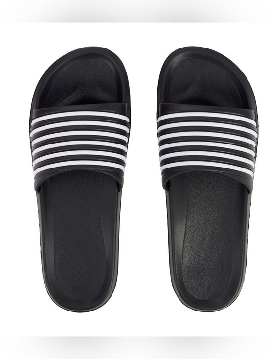 Other - Black and White Multi-Stripe Comfort Slides Slip On Pool & Gym Sandals
